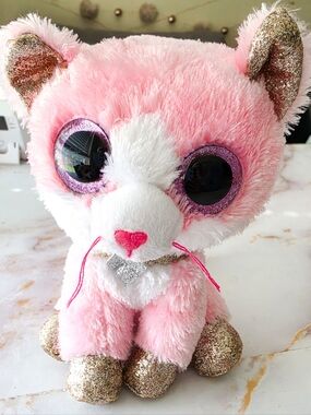 Ty Beanie Boos Fiona the Pink Cat Large 9" Gold Glitter Accents EUC